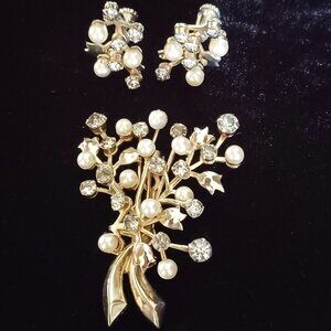 Vintage Rhinestone & Faux Pearl Brooch with Matching Earrings